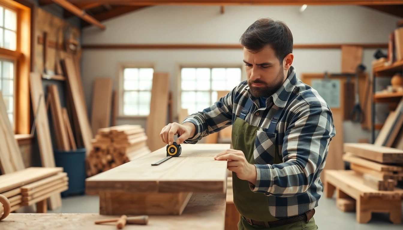 Professional carpenter performing precise measurements with carpentry tools in a well-equipped workshop, showcasing attention to detail and craftsmanship.