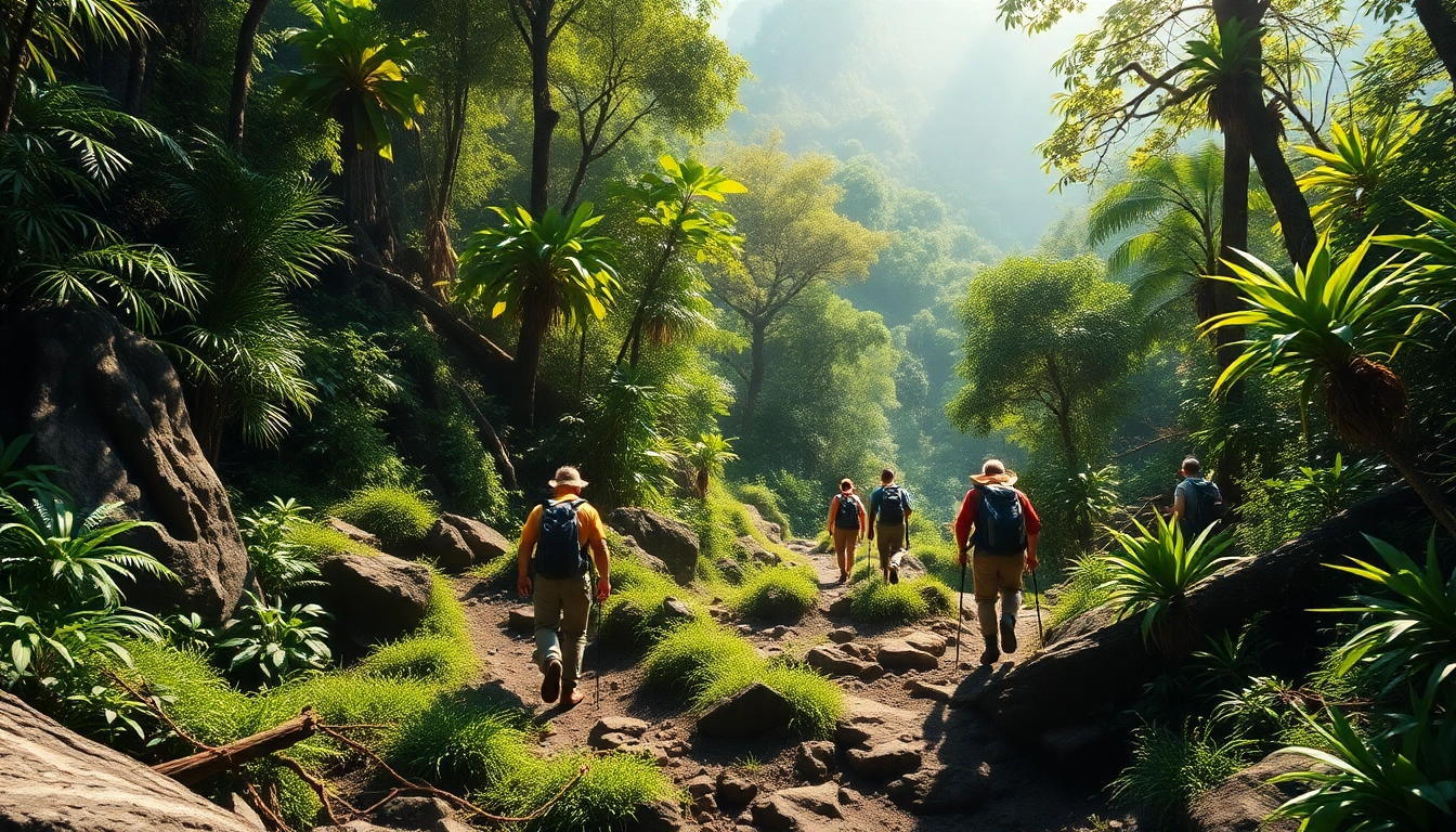 Trekking through scenic jungle landscapes in Indonesia with hikers exploring natural trails amidst lush greenery