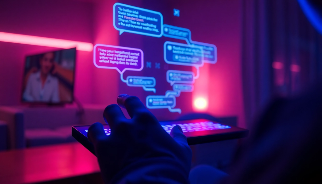 Futuristic AI chat interface with neon colors and holographic text bubbles