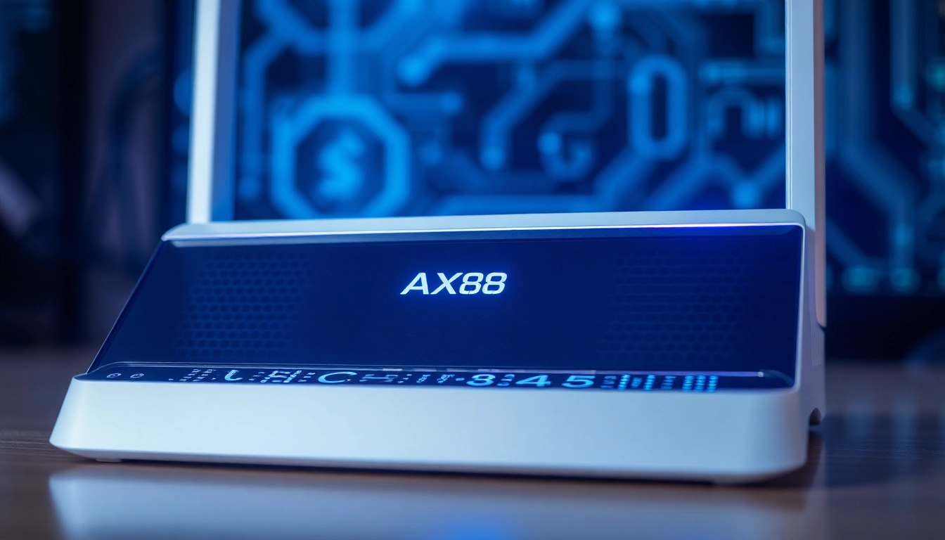 The AX88 router with glowing LEDs demonstrating high-speed internet connectivity in a modern workspace.