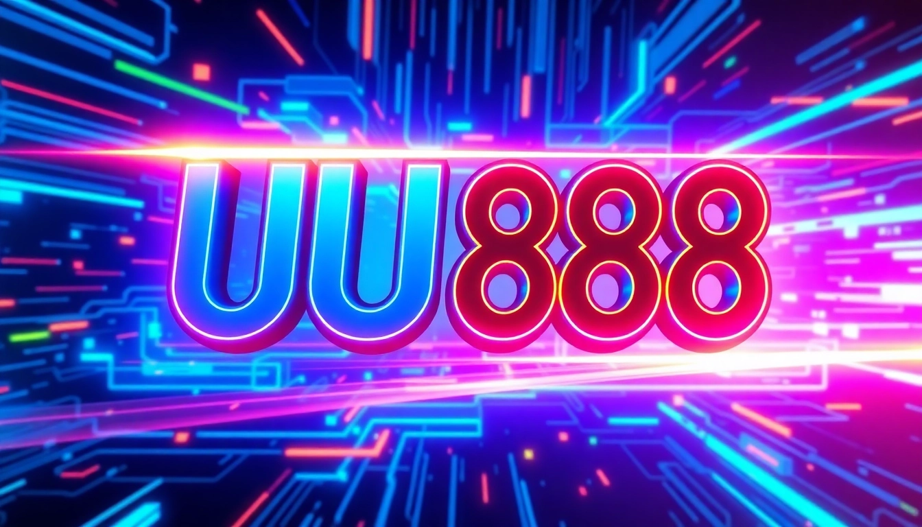 Engaging image showcasing the UU88 logo in neon lights with a high-tech digital background, attracting online users.