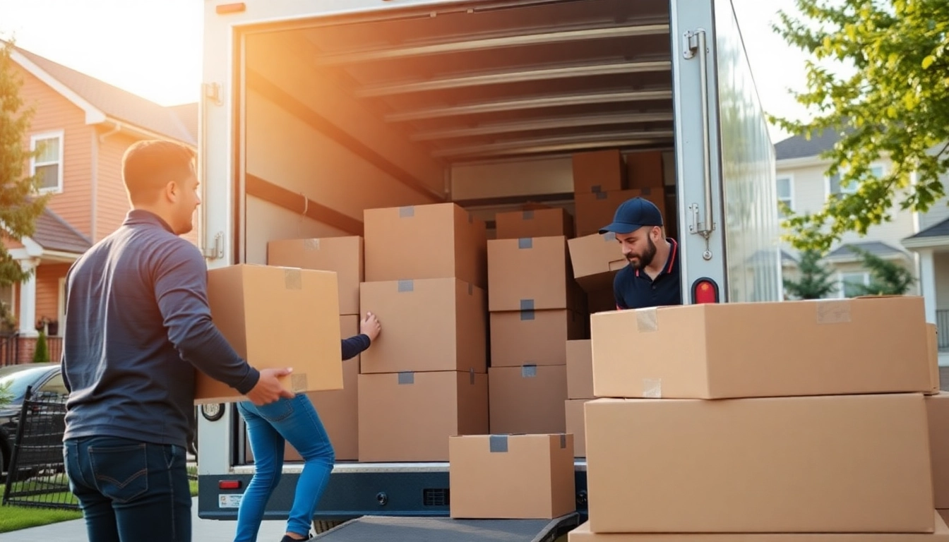 A reliable Calgary moving company safely loading belongings into a truck in a lively neighborhood, showcasing professionalism and care.