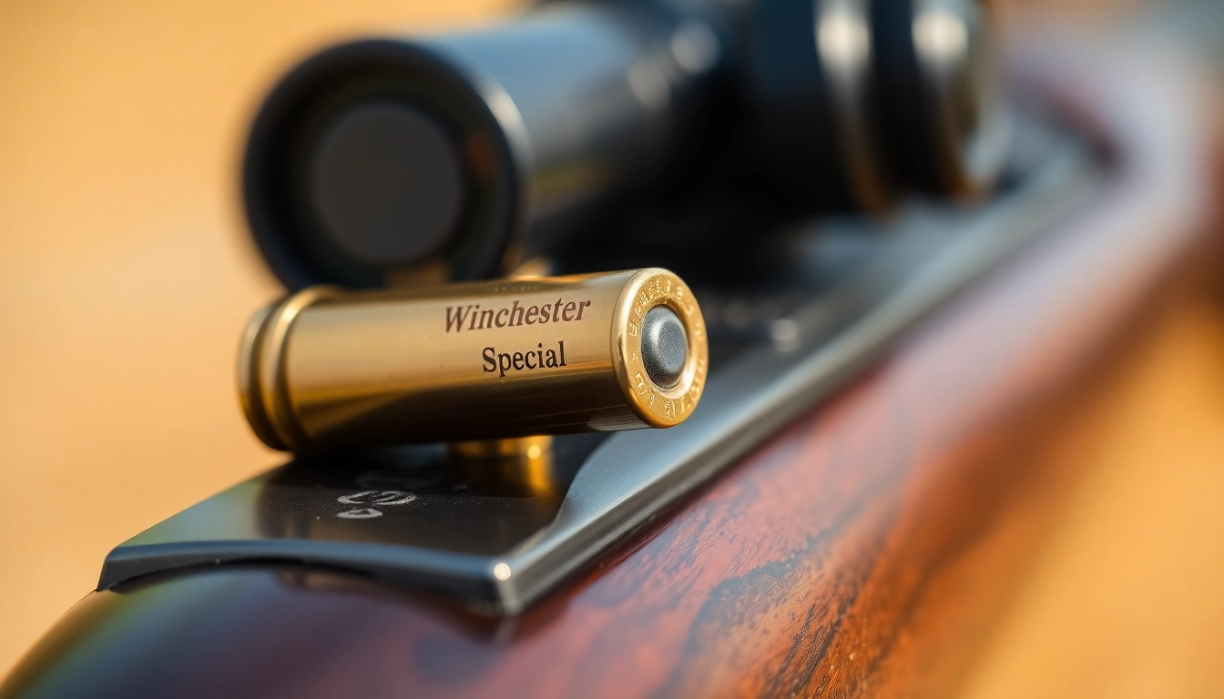 Detailed shot of a 32WIN cartridge with a vintage rifle for hunting and shooting enthusiasts.