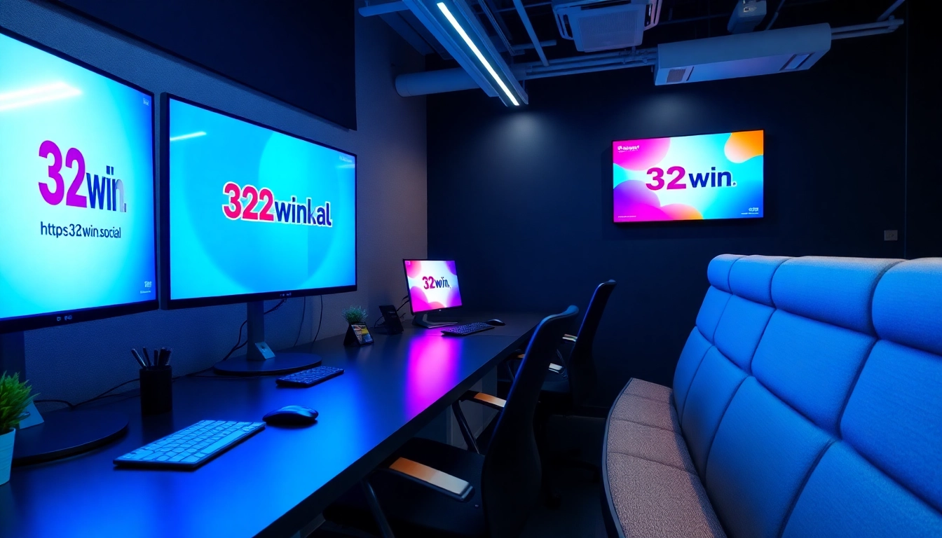Visual showing https://32win.social/ in a digital marketing environment with analytics dashboards and social media icons, highlighting brand engagement and strategy.