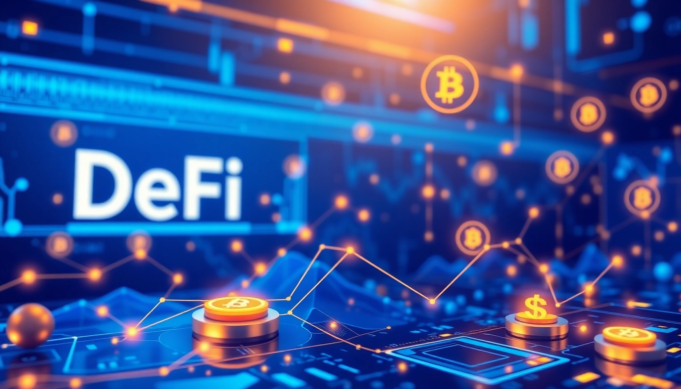 Visually engaging graphic illustrating DeFi updates with blockchain and cryptocurrency symbols indicating advancements in decentralized finance.