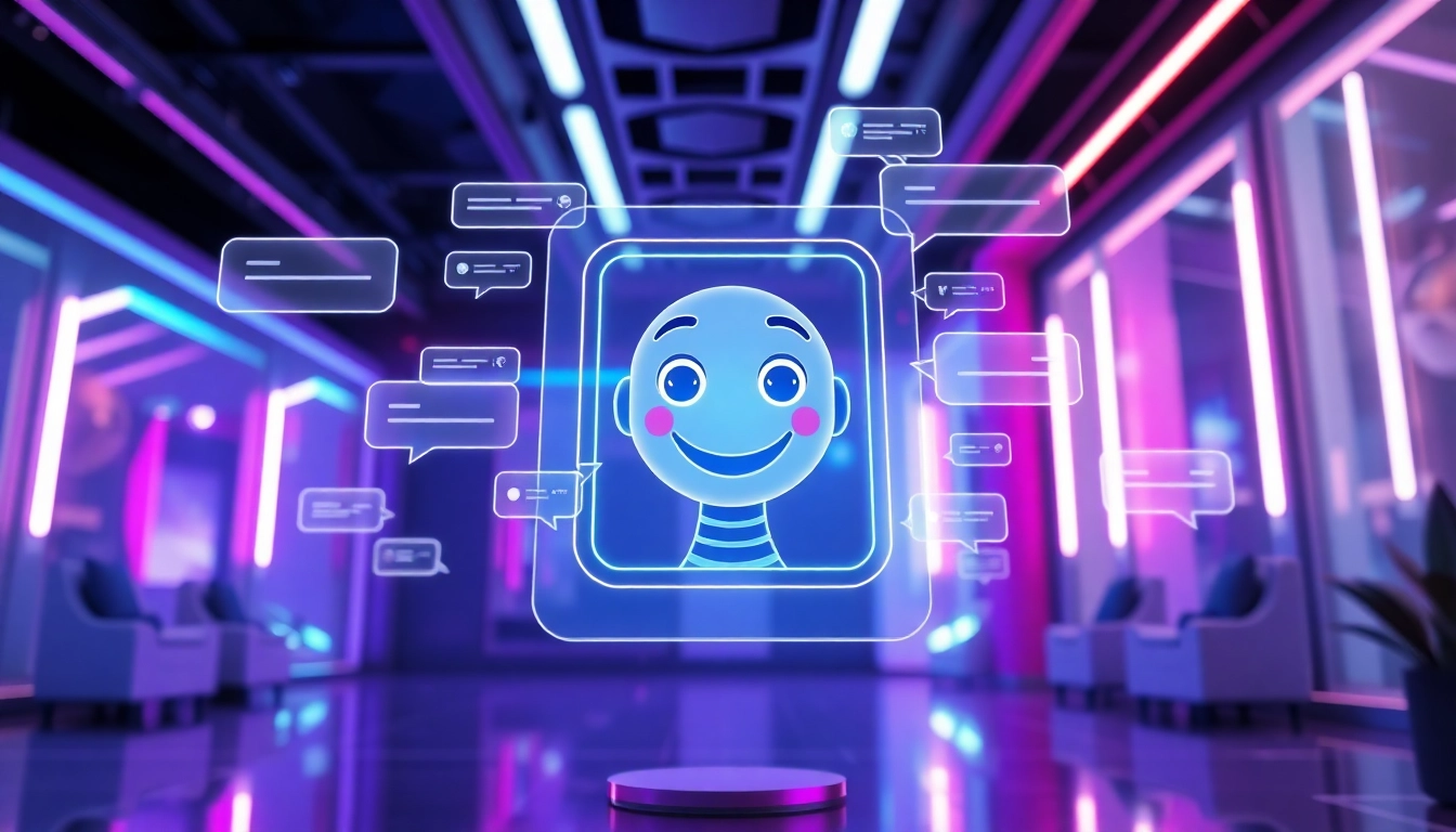 Futuristic digital chat interface with an AI character in a high-tech environment