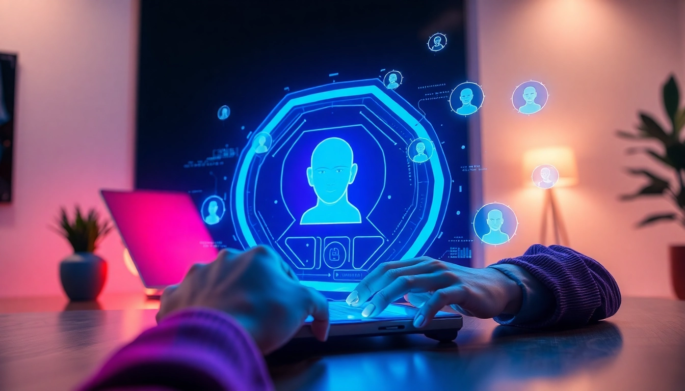 Futuristic digital scene showing AI interface with holograms and user interaction in a modern workspace.