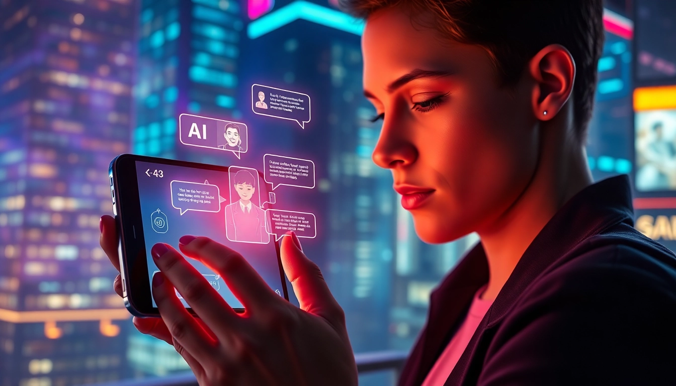 Person interacting with a futuristic AI chatbot on a smartphone against a neon cityscape background.