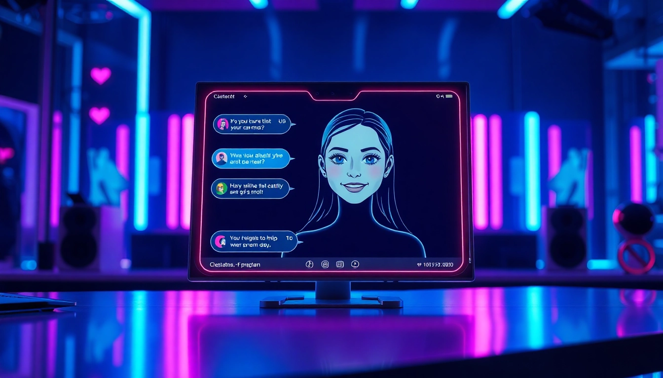 Futuristic holographic chat interface with an AI girlfriend character in a neon-lit cyberpunk setting.