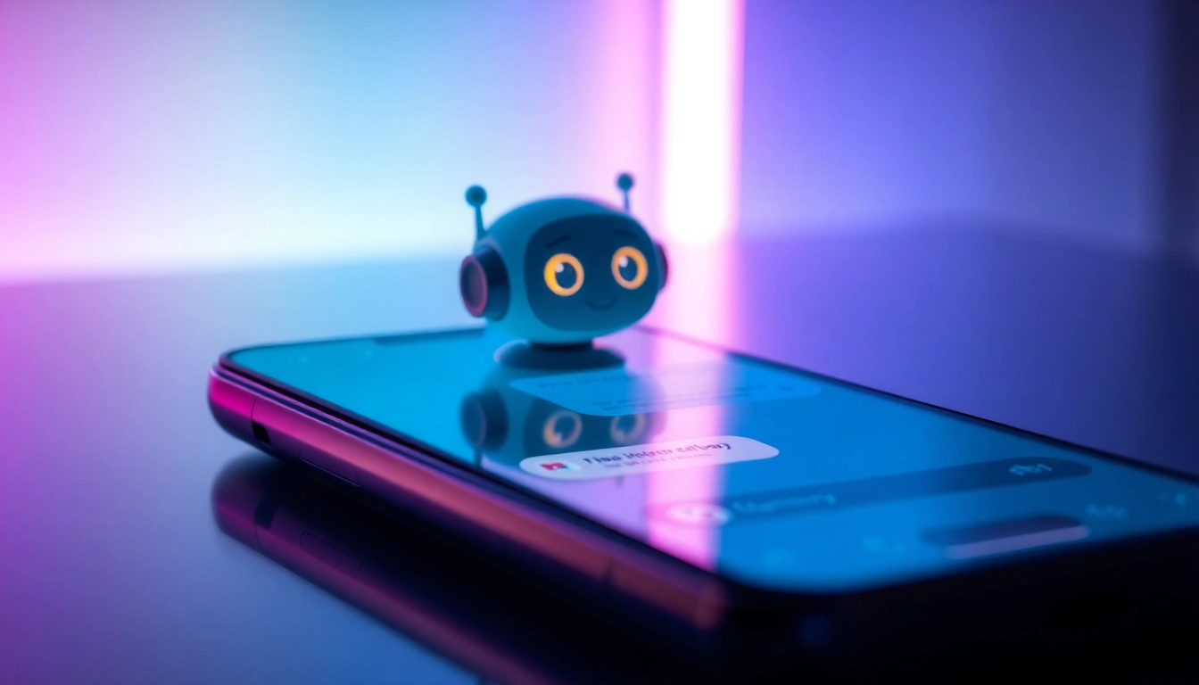Close-up of a smartphone screen showing a colorful AI chat interface with a friendly animated character.