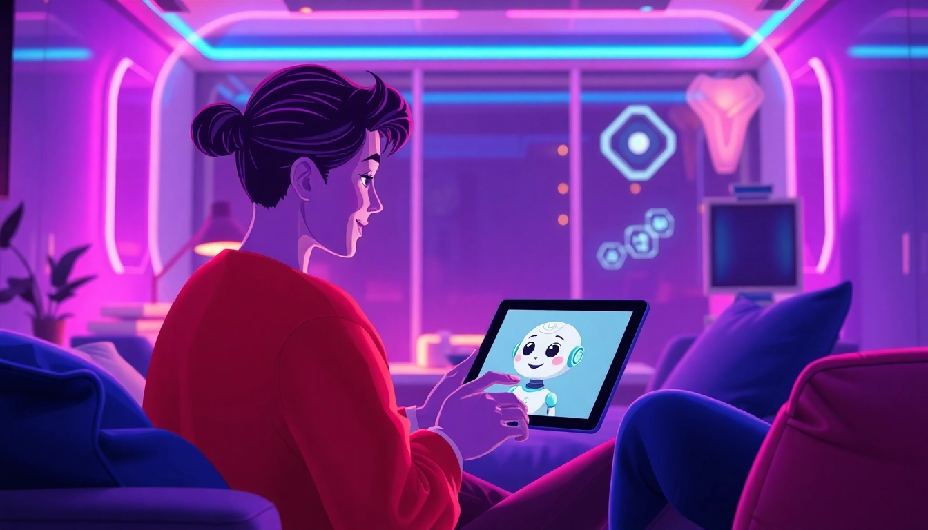 A person chatting with an AI character on a tablet in a modern, neon-lit room.