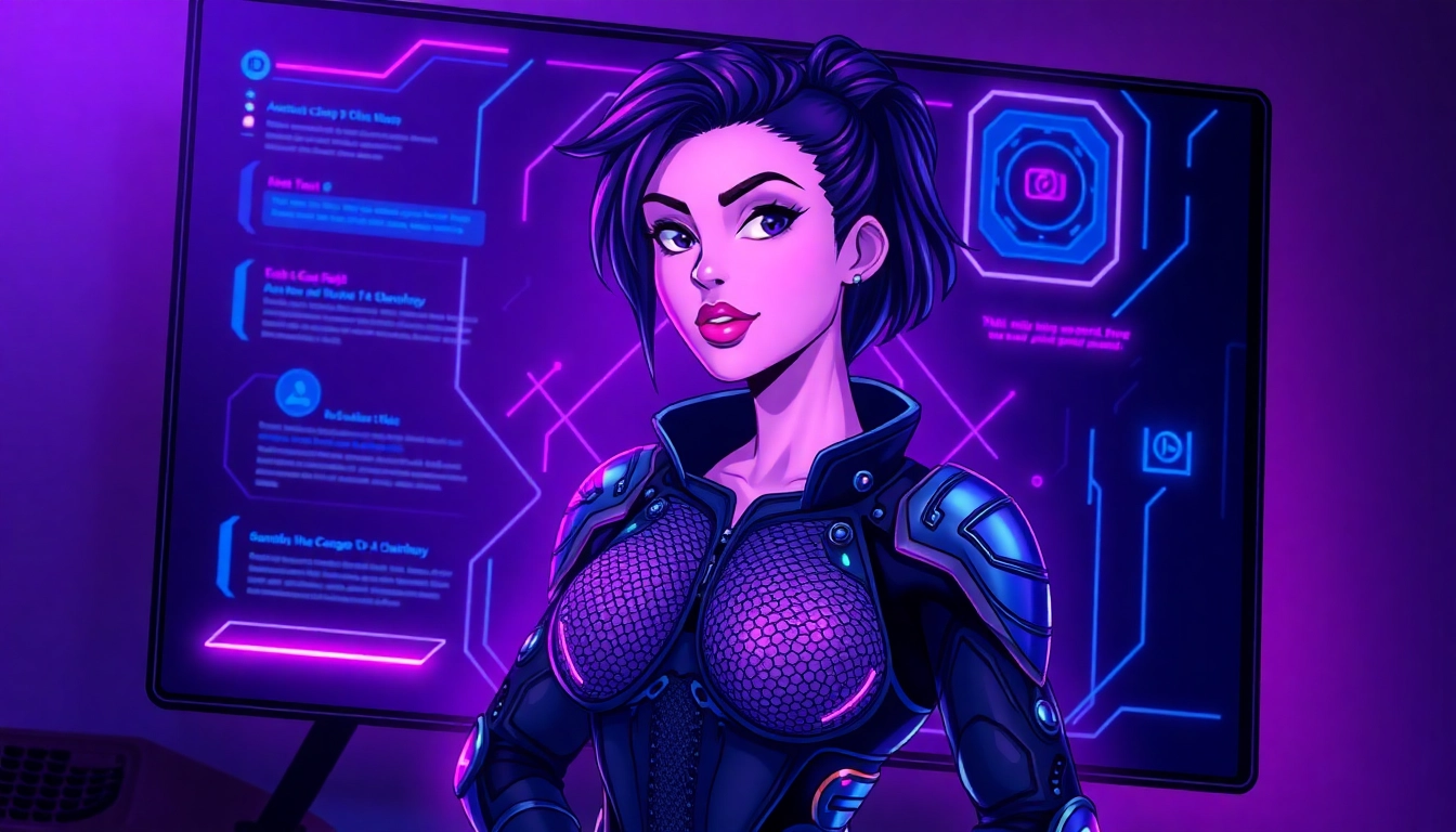 Futuristic digital character with neon accents, representing AI chatbot interface with a femdom theme.