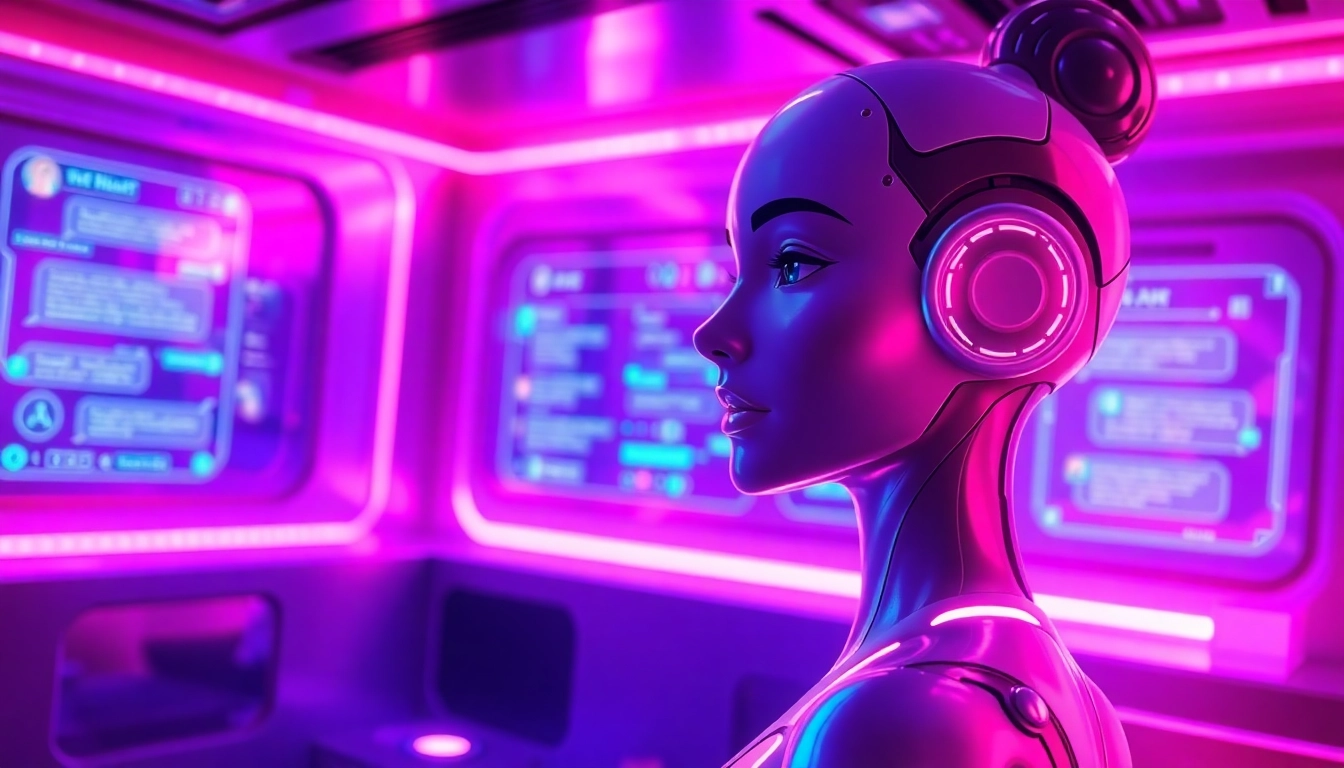 Futuristic AI interface with a female AI character in a neon-lit digital environment, emphasizing adult-themed interaction and customization.