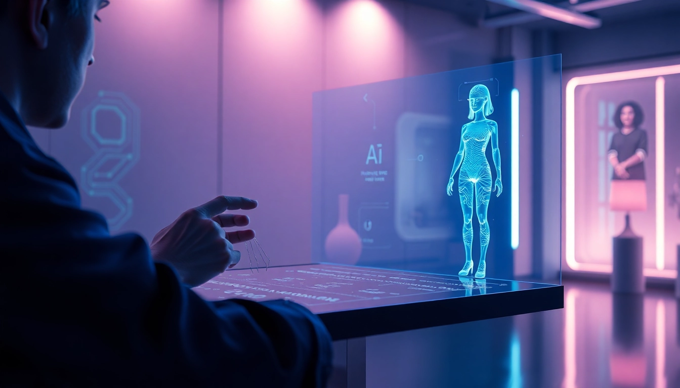 Futuristic AI hologram of a female figure interacting with a user in a high-tech environment
