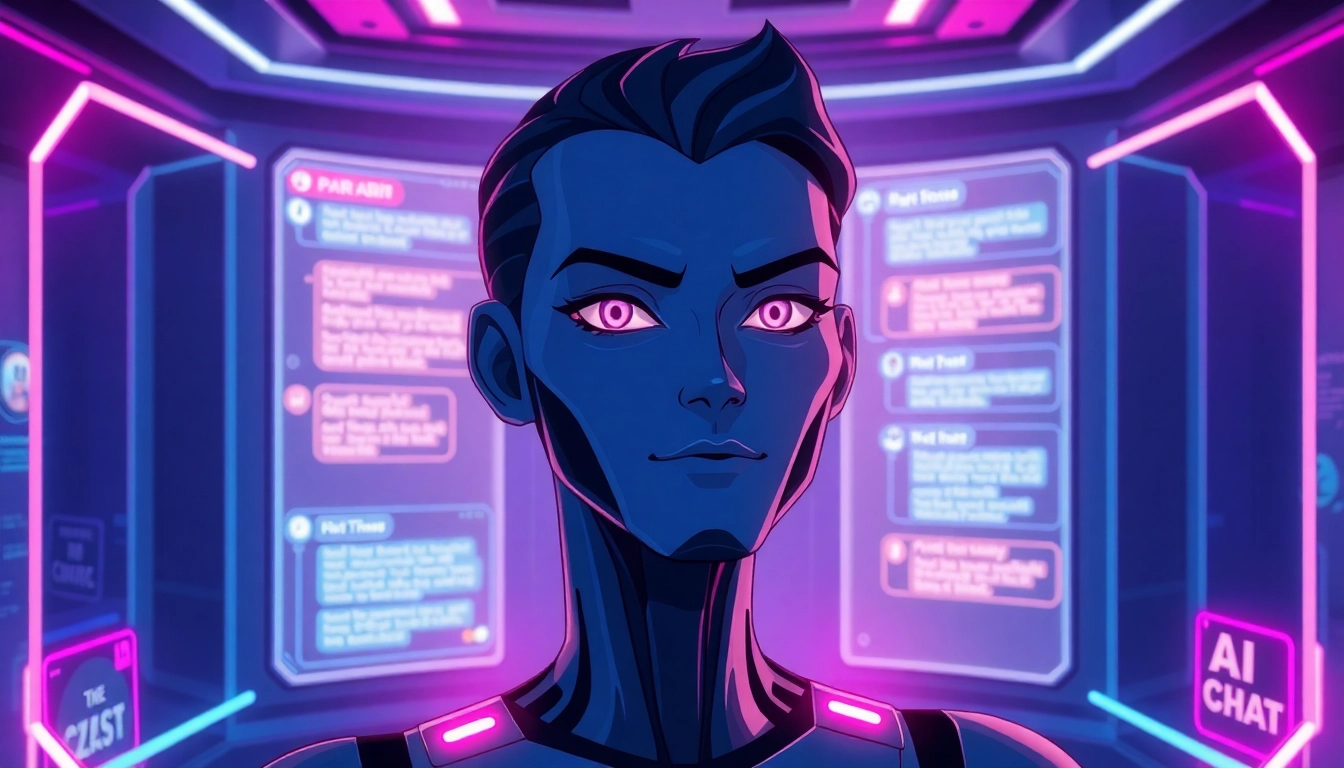 Futuristic digital interface with a confident AI character and glowing holographic screens in a cyberpunk setting.