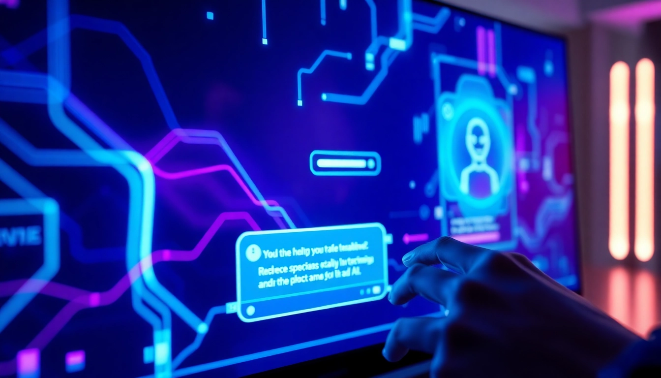 Futuristic AI chatbot interface with vibrant neon colors and digital data streams