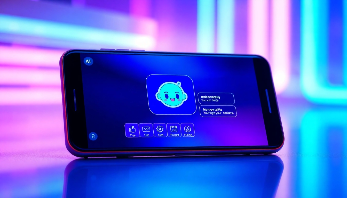 Futuristic digital chat interface showcasing AI character customization on a sleek mobile device screen with neon colors and modern design.