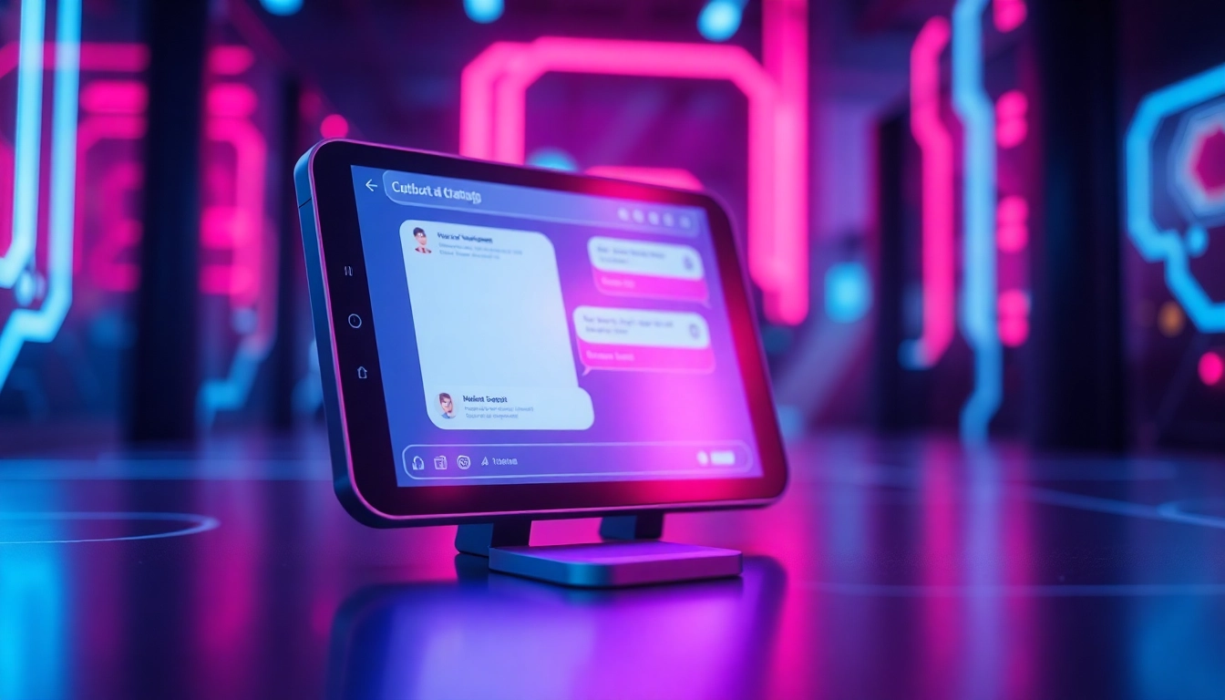 Futuristic chatbot interface on a high-tech screen with neon lighting and a digital environment.