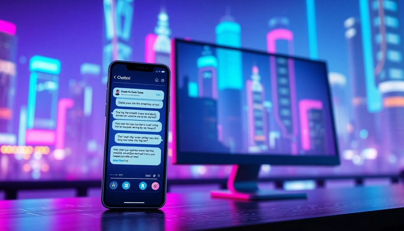 Futuristic scene of AI chatbot on smartphone and computer screens with neon city background, representing unfiltered AI interactions.