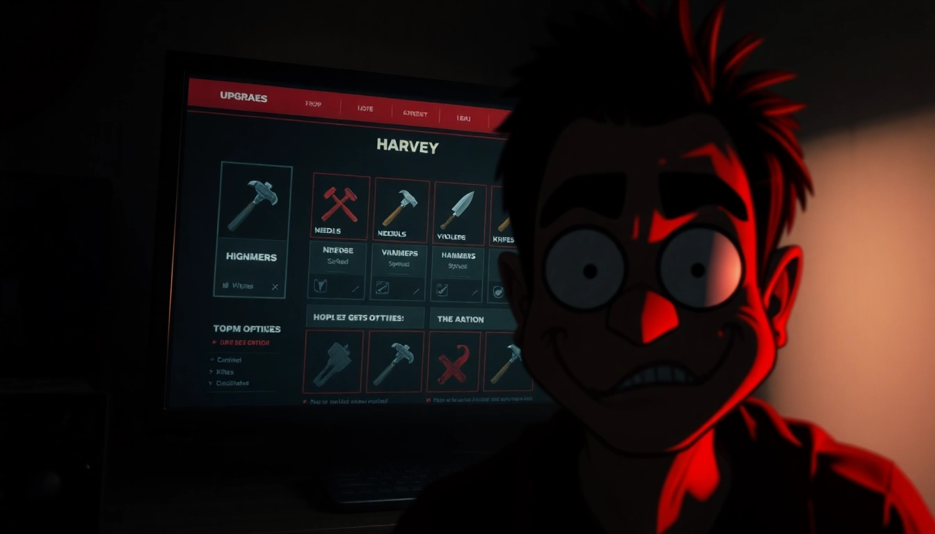 A distressed character confronting a cheerful but distressed Harvey in a dark room, with violent upgrade options shown behind them.