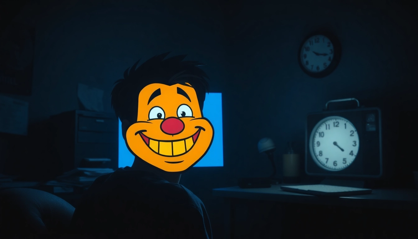 A distressed young man facing a computer screen with Harvey, a cheerful character, showing a disturbing smile in a dark, tense room.