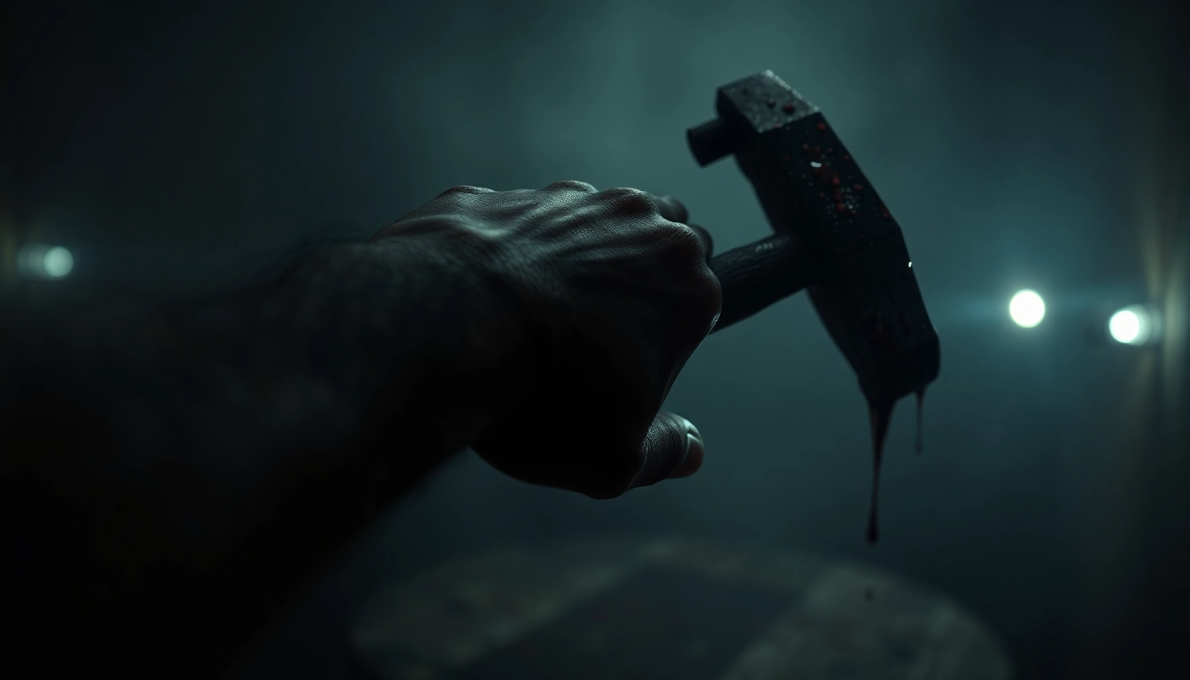 Close-up of a hand holding a blood-stained hammer, with a dark, ominous background.