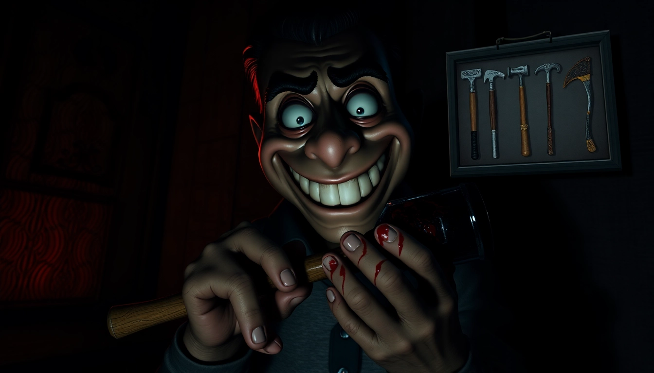 A disturbing image of Harvey, a cheerful character suffering as he holds a bloody hammer, in a dark, gritty room with ominous lighting.