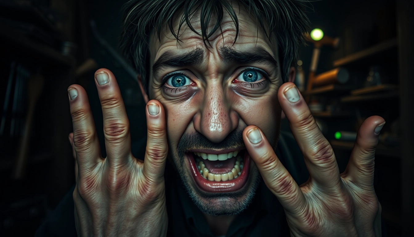 An unsettling image of Harvey showing fear and pain, with a dark, grim background filled with ominous tools and a tense, disturbing atmosphere.