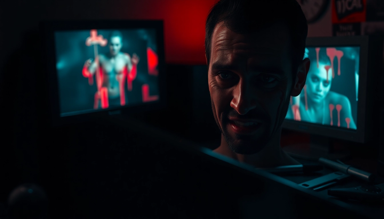 A disturbing image of Harvey suffering, with an ominous, flickering computer screen in the background and a dark, oppressive atmosphere.