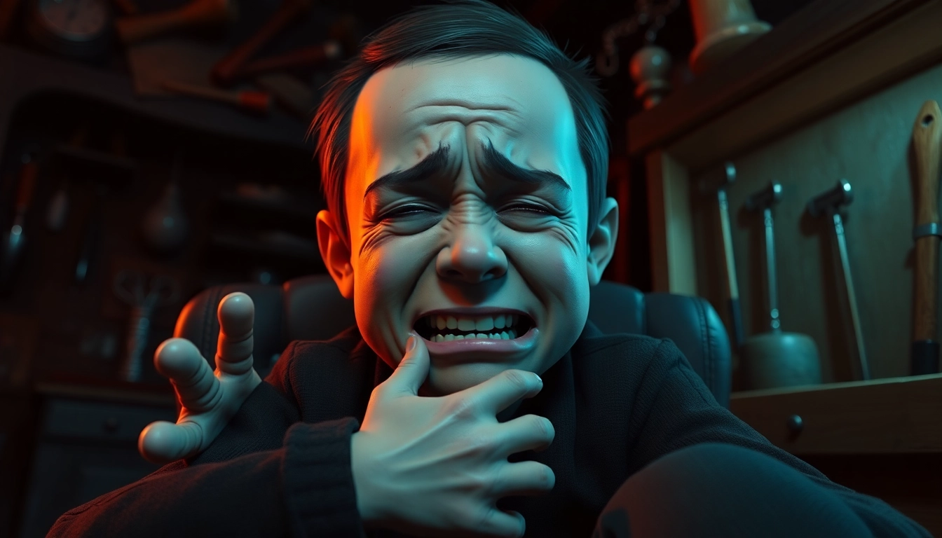 A distressed Harvey suffering as dark, violent tools loom in the background, evoking psychological horror.