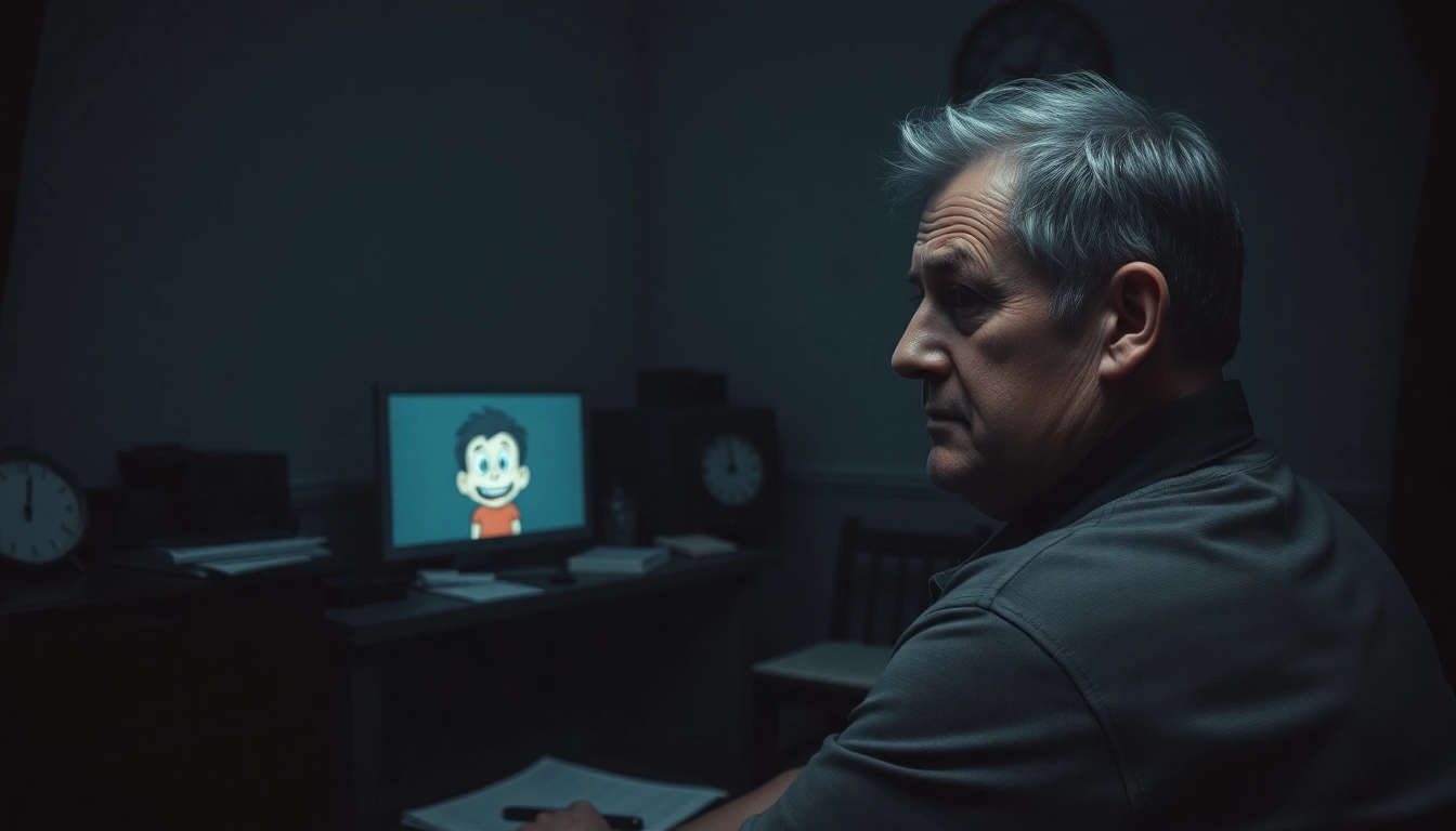 A person sitting at a desk looking at a computer screen showing a disturbing game with a cheerful character in a dark, gloomy room.