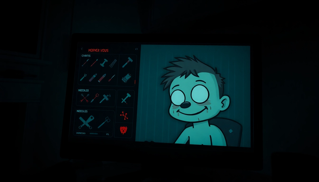 A disturbing image of Harvey suffering in a dark, eerie game interface with violent tools and unsettling visuals.