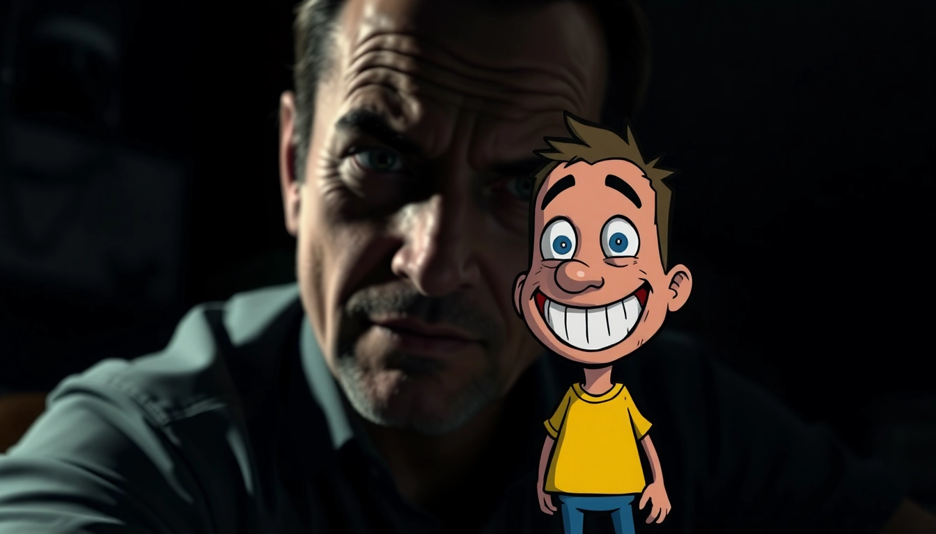 A distressed man with Harvey, a cheerful character with a sinister smile, in a dark, tense setting.