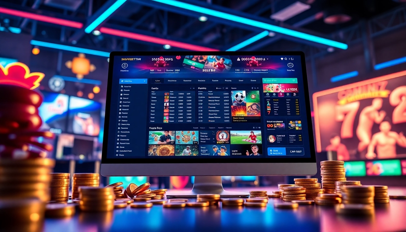 An illustration of an online sportsbook and casino platform with sports icons and betting elements, glowing neon accents, and a modern digital environment.