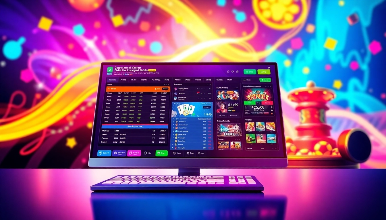 Digital illustration of an online sportsbook and casino platform with betting odds and game icons.