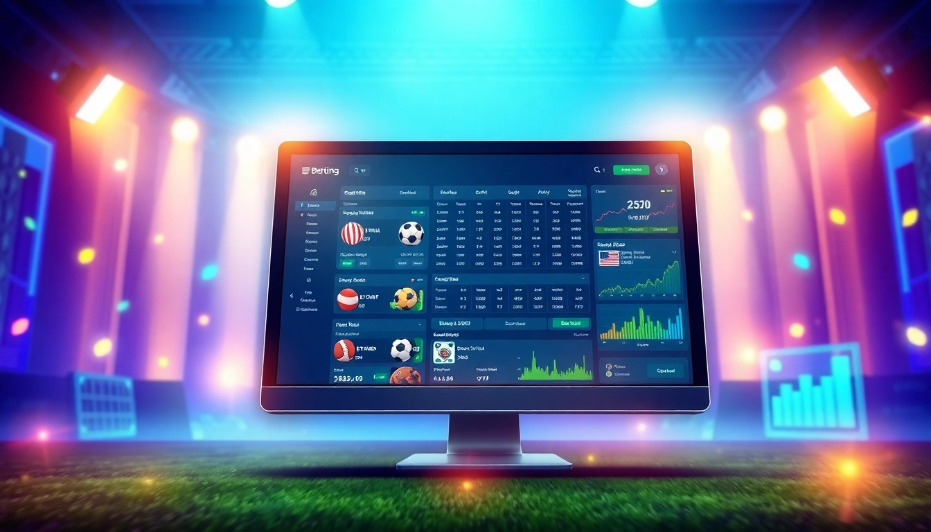 Digital illustration of an online sports betting platform with vibrant colors and dynamic elements.