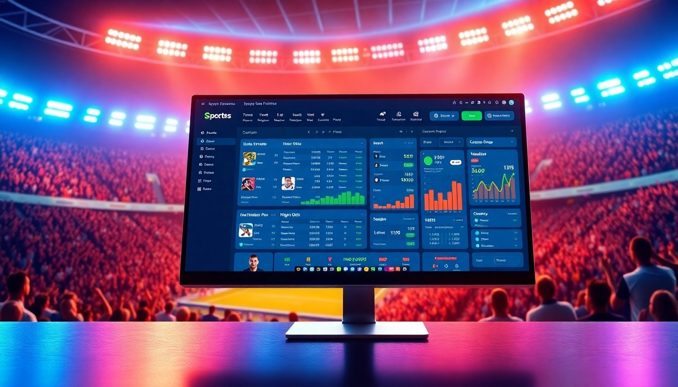 An immersive digital illustration of an online sports betting platform interface with a stadium background.