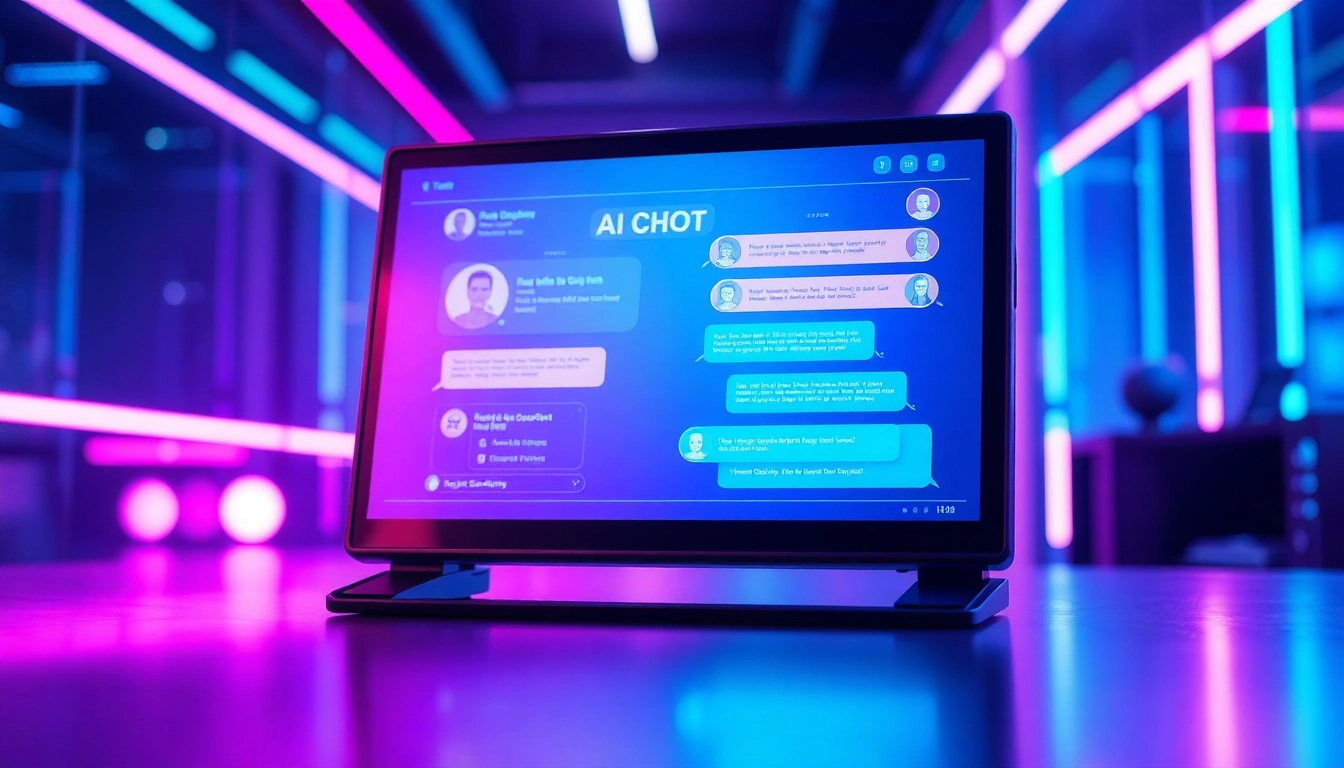 Futuristic AI chatbot interface with neon colors and digital holograms on a sleek screen, creating an inviting, high-tech atmosphere.
