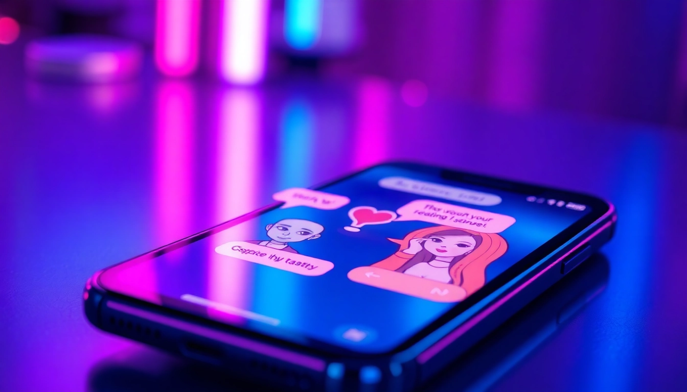 Close-up of a smartphone displaying a vibrant, neon-lit AI chat interface with stylized characters and suggestive conversations.