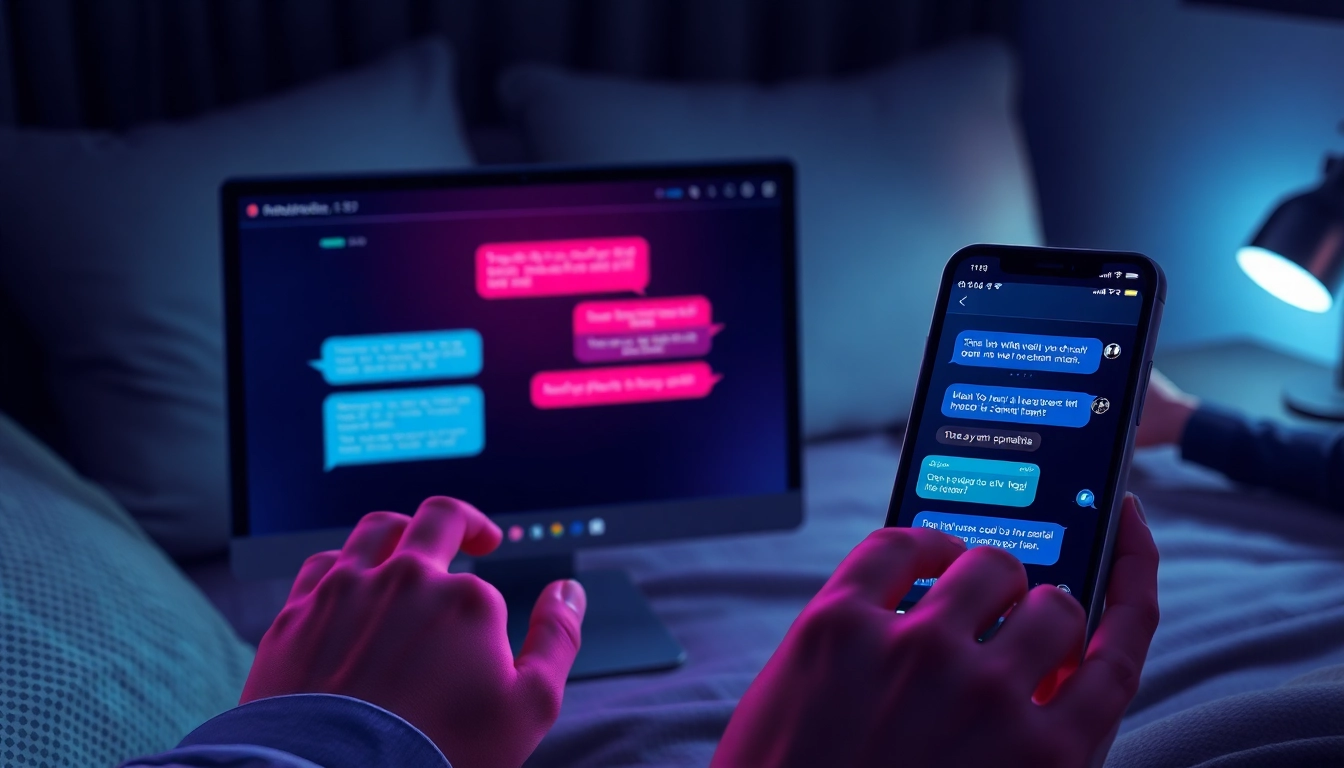Smartphones and desktop displaying NSFW AI chat interfaces in a cozy, dimly lit room.