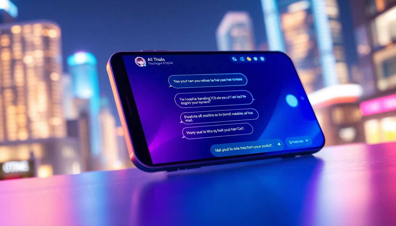 An illustration of a futuristic mobile chat interface with neon accents, cityscape background, and AI character avatars, emphasizing modern digital intimacy.