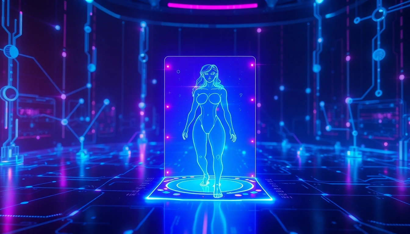An abstract, neon-lit holographic female AI figure within a high-tech digital environment.