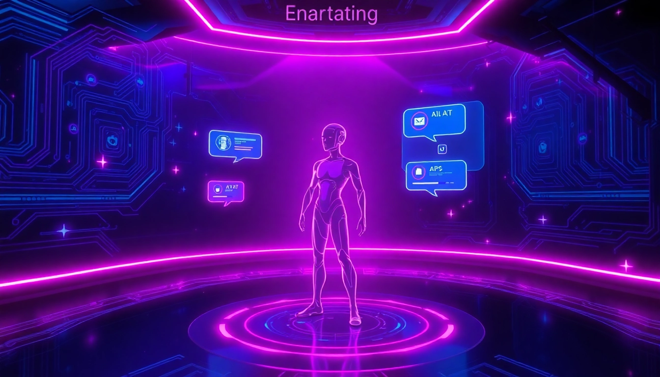 Futuristic AI character with holographic interface and neon digital environment