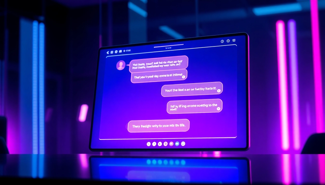 A digital illustration of a neon-lit AI chat interface suggesting intimate conversations in a modern, high-tech setting.
