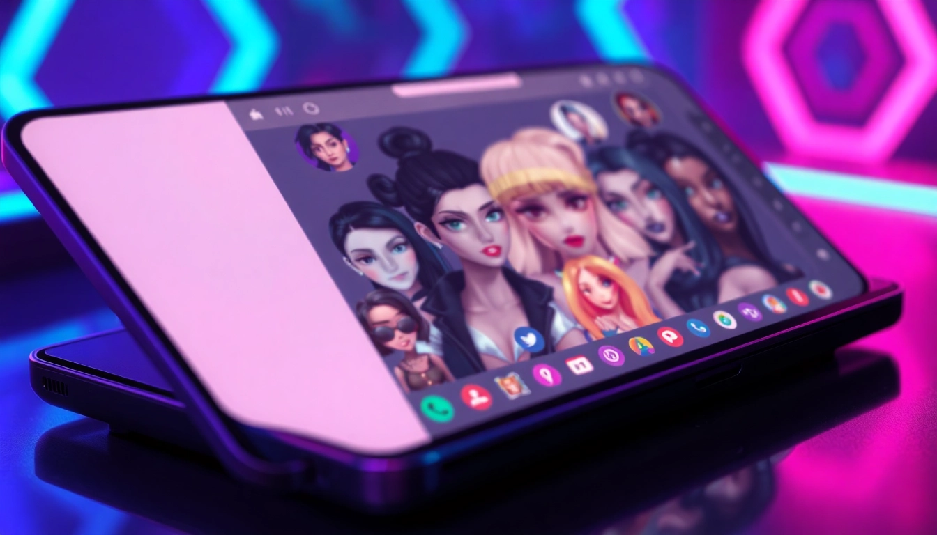 Futuristic chat interface with alluring AI character avatars glowing against a dark, neon-lit background.