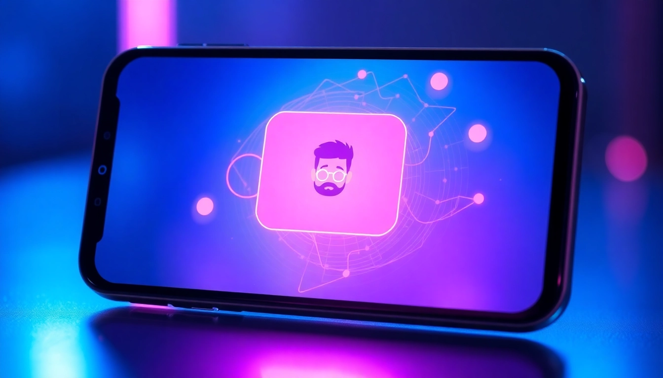 Futuristic chat interface on a modern device screen showing a conversation with a customizable AI character in a sleek, glowing setting.