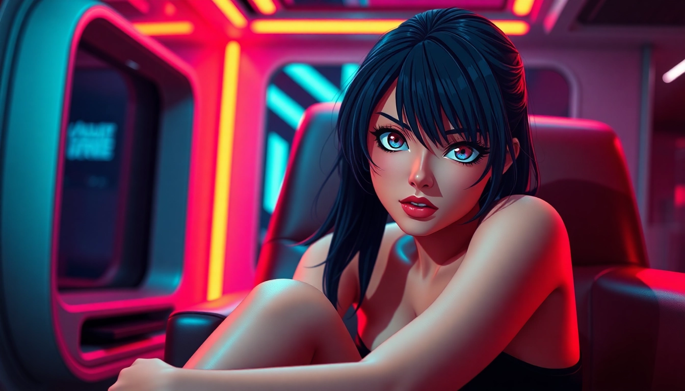 Anime-inspired female character in a neon-lit room with a seductive pose and expressive eyes.