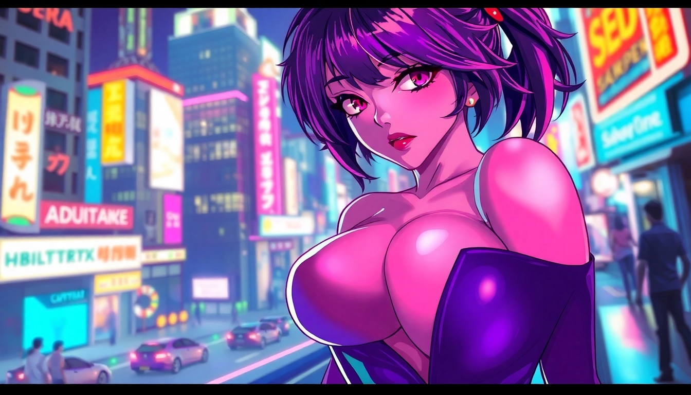 Anime-inspired female character in a seductive pose with neon-lit city background at night.