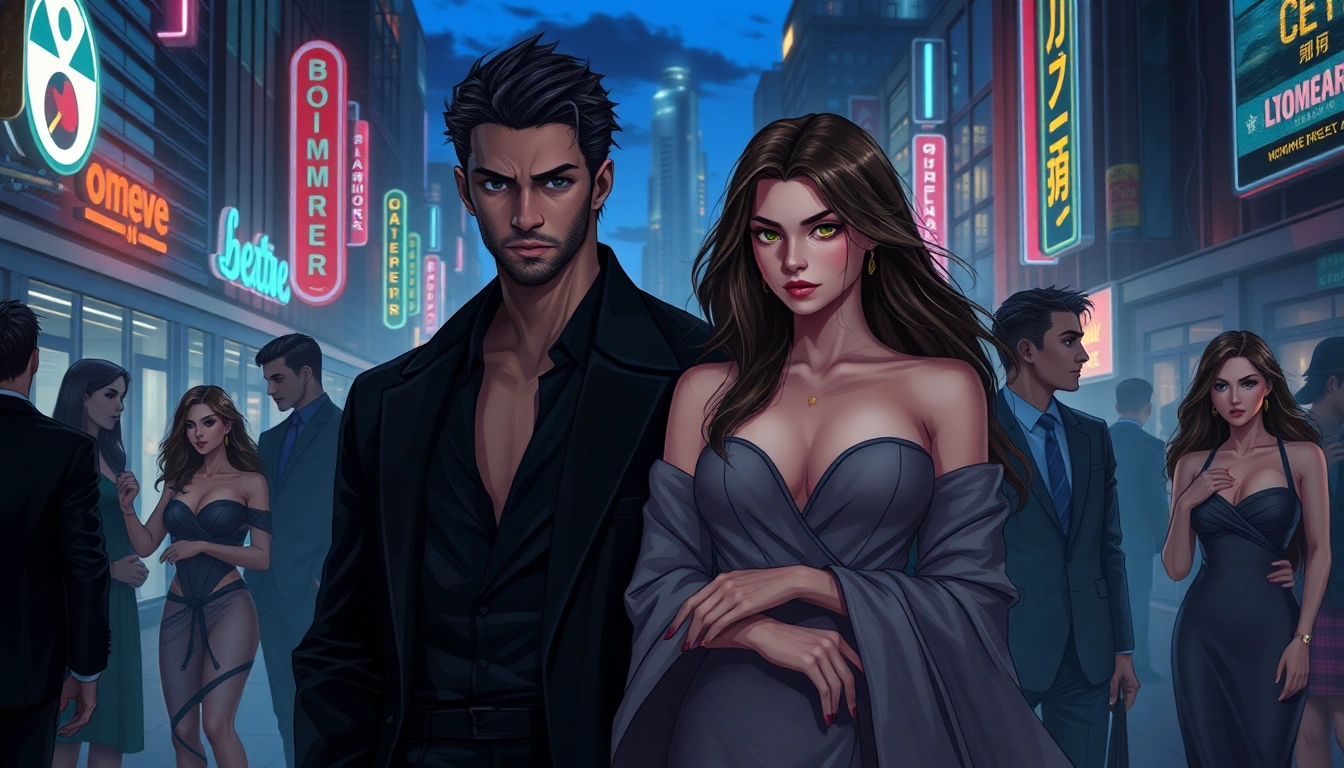 Futuristic society inspired by the Omegaverse, featuring alpha and omega characters in an urban setting at twilight with neon lighting.