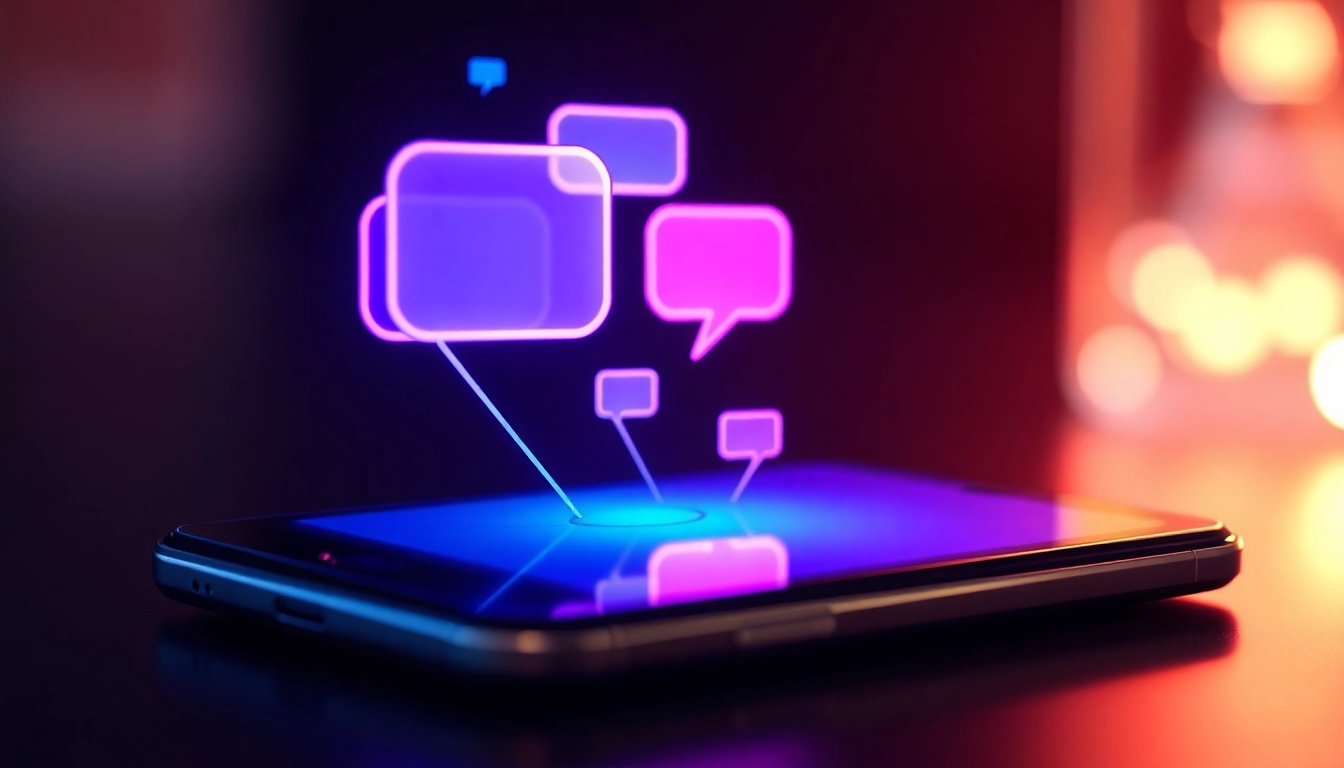 Close-up of a smartphone displaying colorful chat bubbles from a futuristic AI chatbot interface.